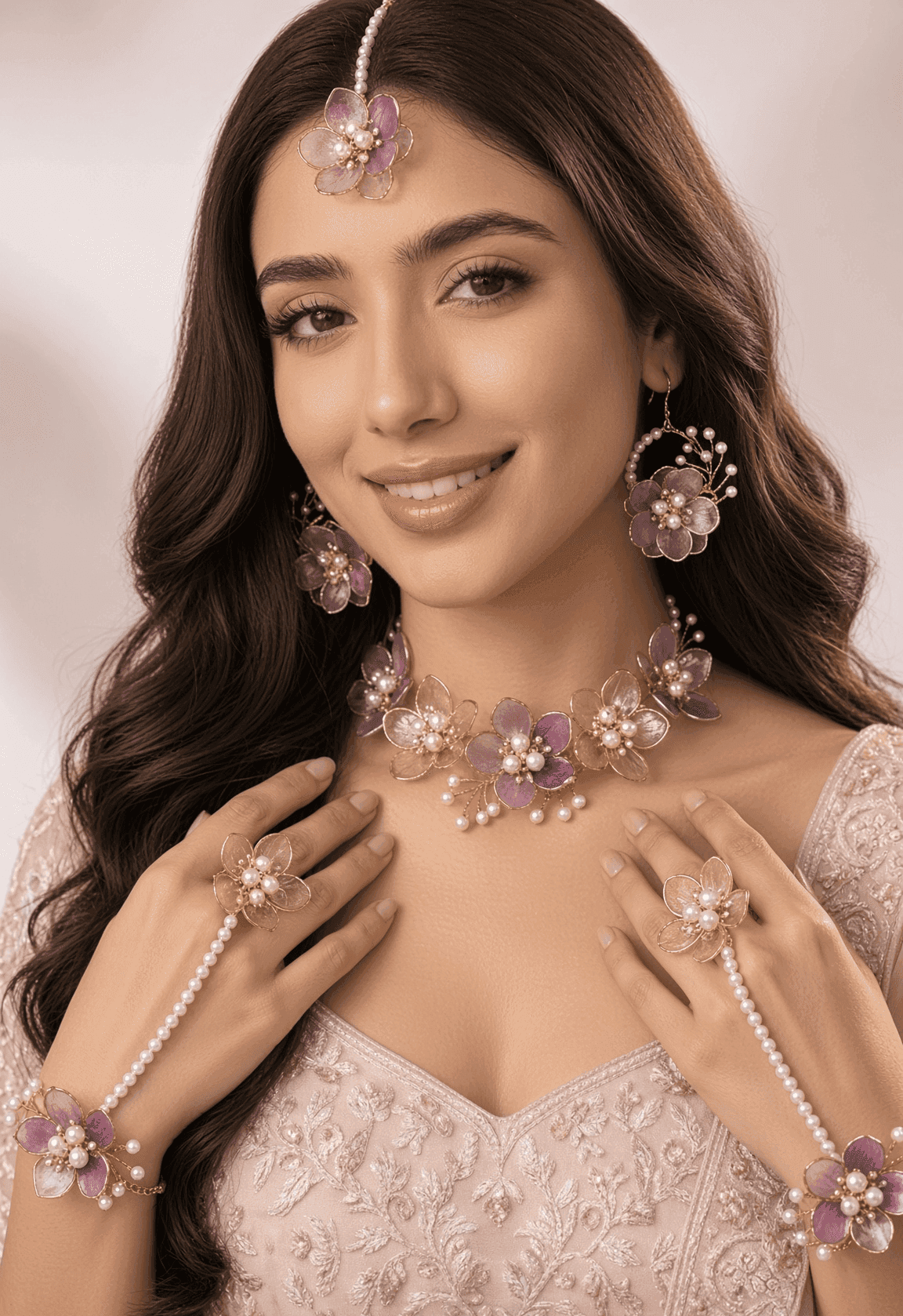 Lavender Purple Acrylic Haldi Jewellery Set with Pearls