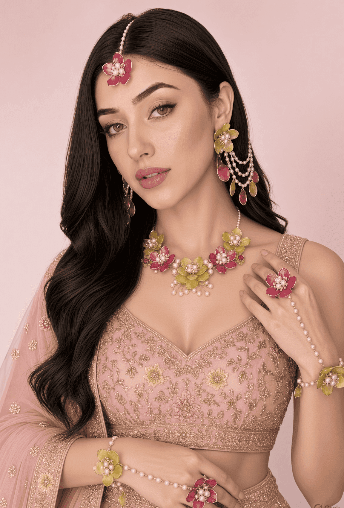Yellow and Green Acrylic Haldi Jewellery Set with Hathphool