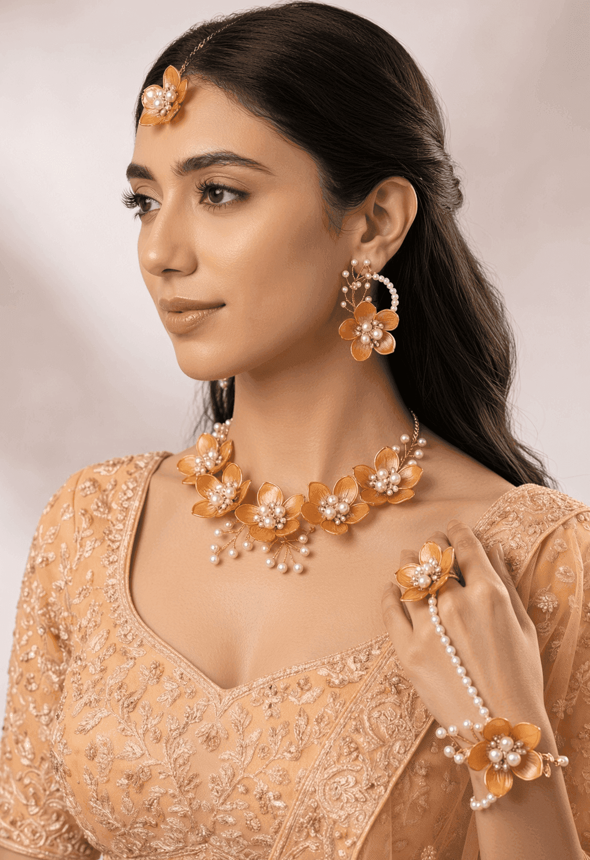 Peach Orange Acrylic Flower Haldi Jewellery Set for Bride