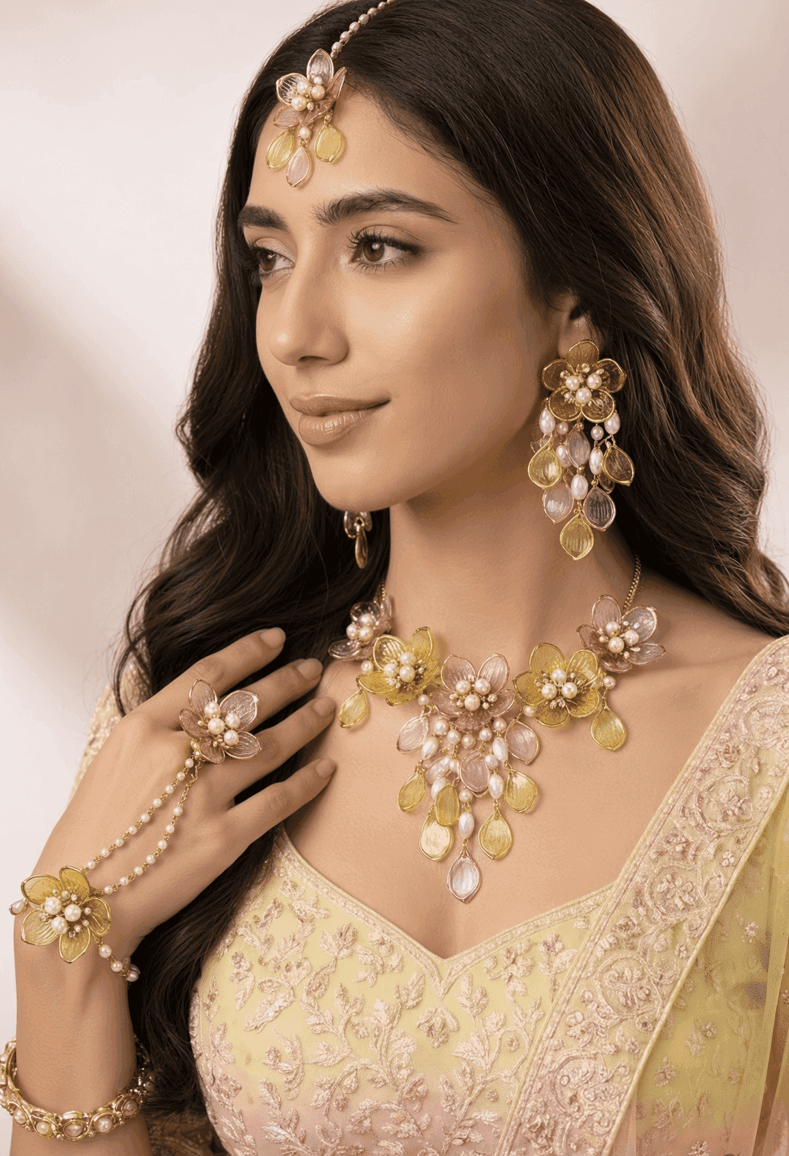 Yellow and Baby Pink Acrylic Flower Haldi Jewellery Set for Bride