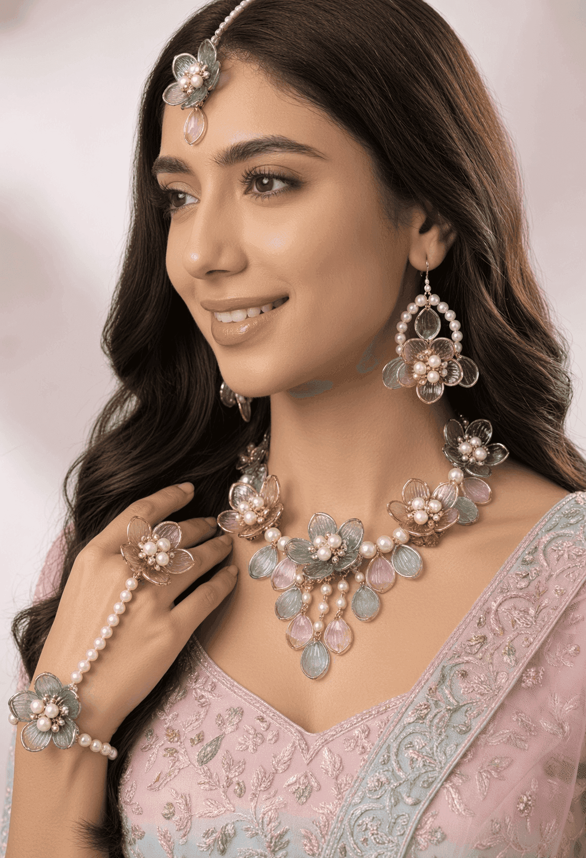 Pastel Blue and Pink Acrylic Haldi Jewellery Set with Pearl Drops