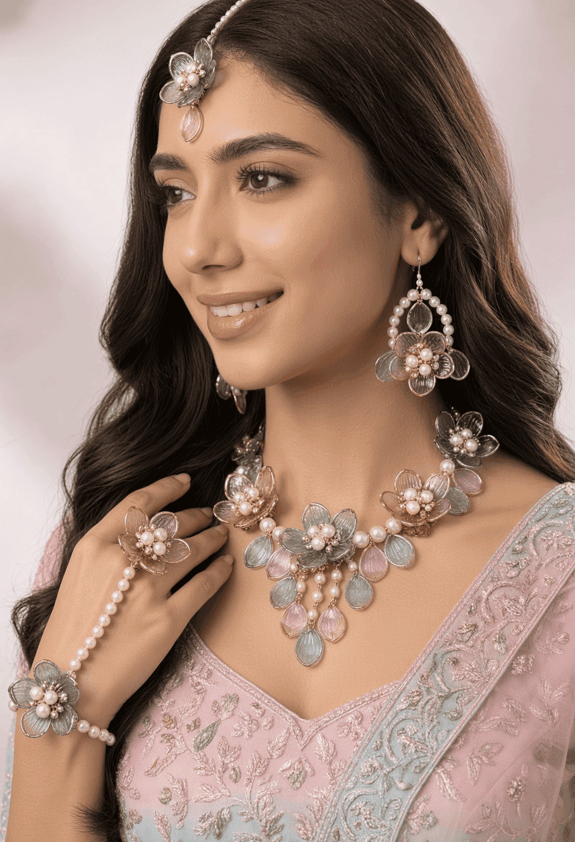 Pastel Blue and Pink Acrylic Haldi Jewellery Set with Pearl Drops