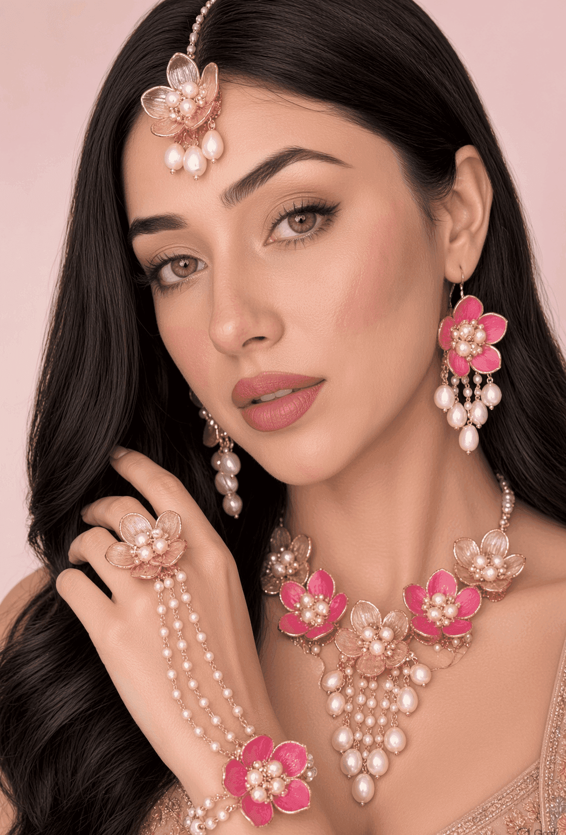 Rani Pink and Rose Gold Acrylic Haldi Jewellery Set for Bride