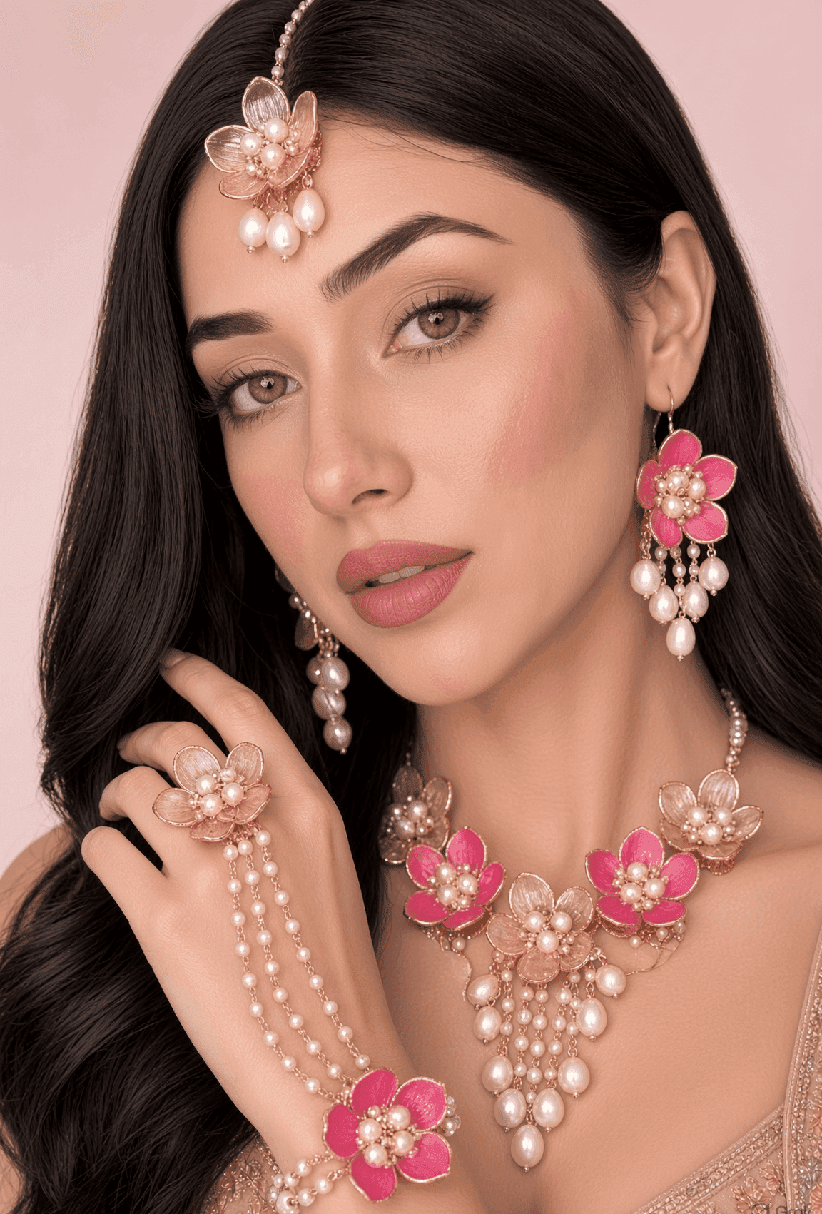 Rani Pink and Rose Gold Acrylic Haldi Jewellery Set for Bride