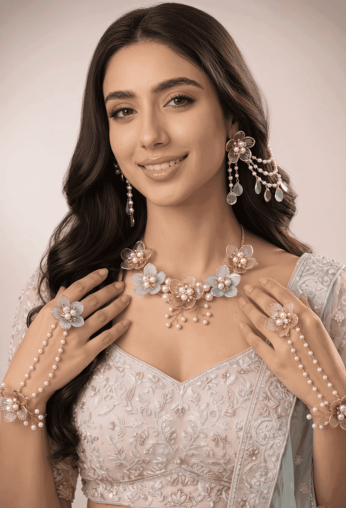 Pastel Pink and Mint Blue Floral Acrylic Haldi Jewellery Set for Bride