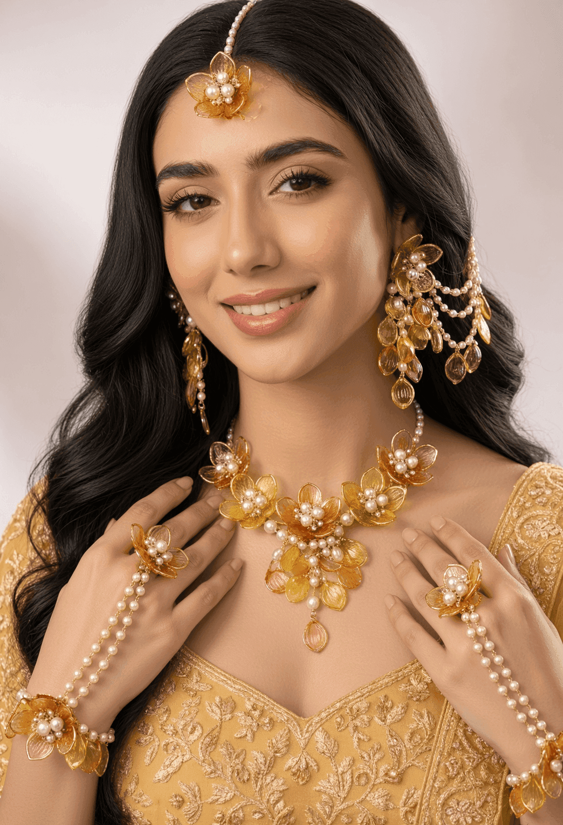 Orange and Yellow Floral Acrylic Haldi Jewellery Set for Bride
