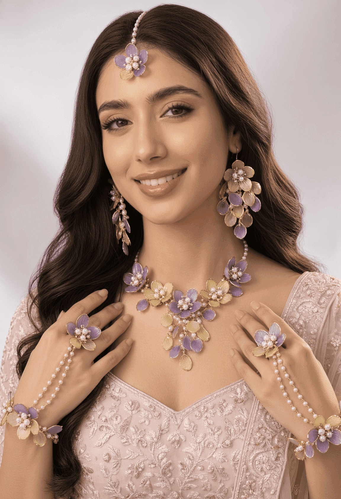 Purple and Yellow Floral Acrylic Haldi Jewellery Set for Bride