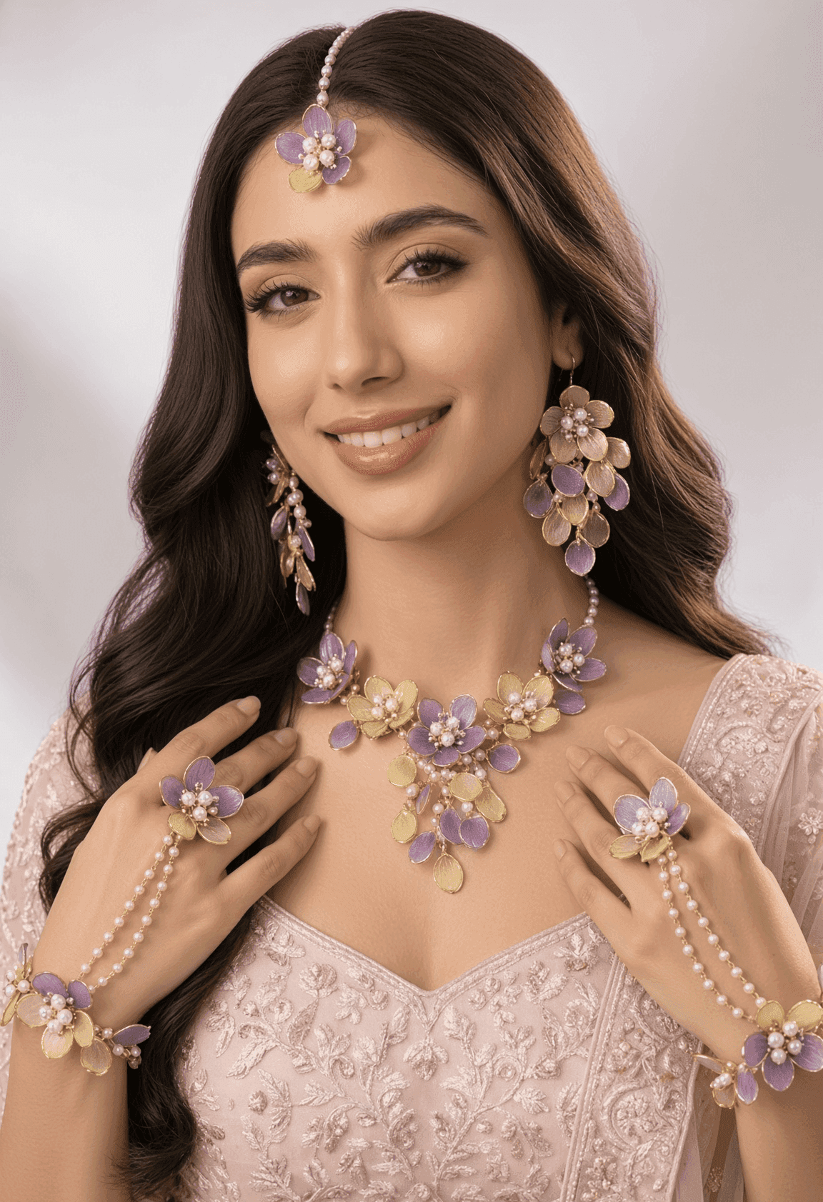 Purple and Yellow Floral Acrylic Haldi Jewellery Set for Bride