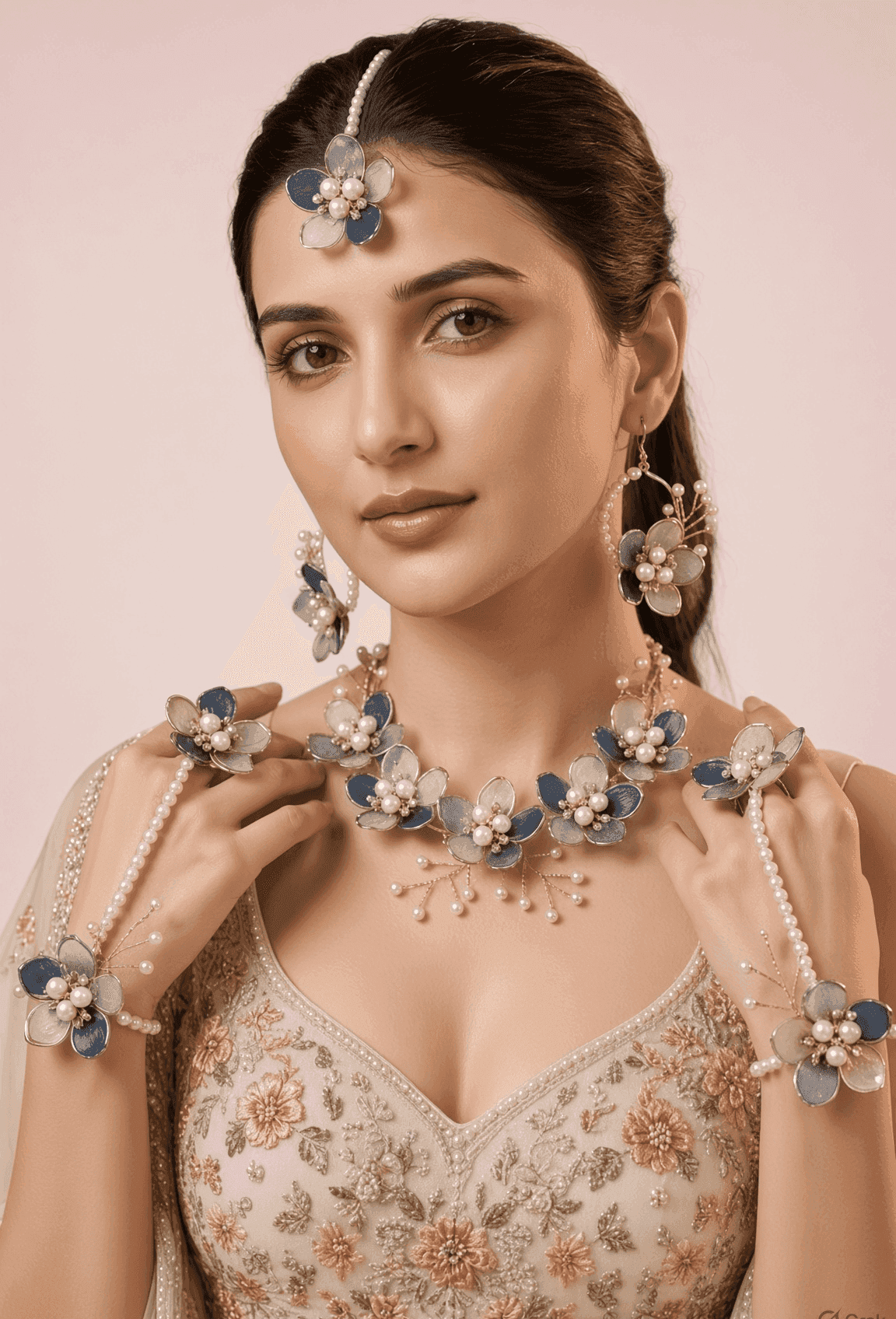 Navy Blue and Sky Blue Floral Acrylic Haldi Jewellery Set for Bride