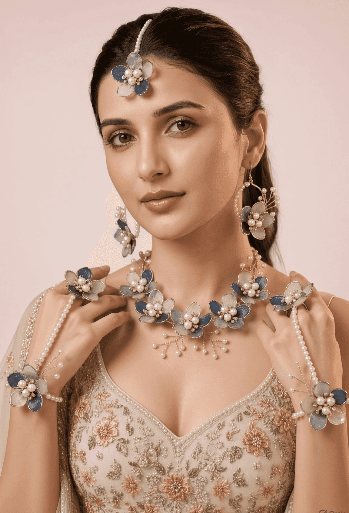 Navy Blue and Sky Blue Floral Acrylic Haldi Jewellery Set for Bride