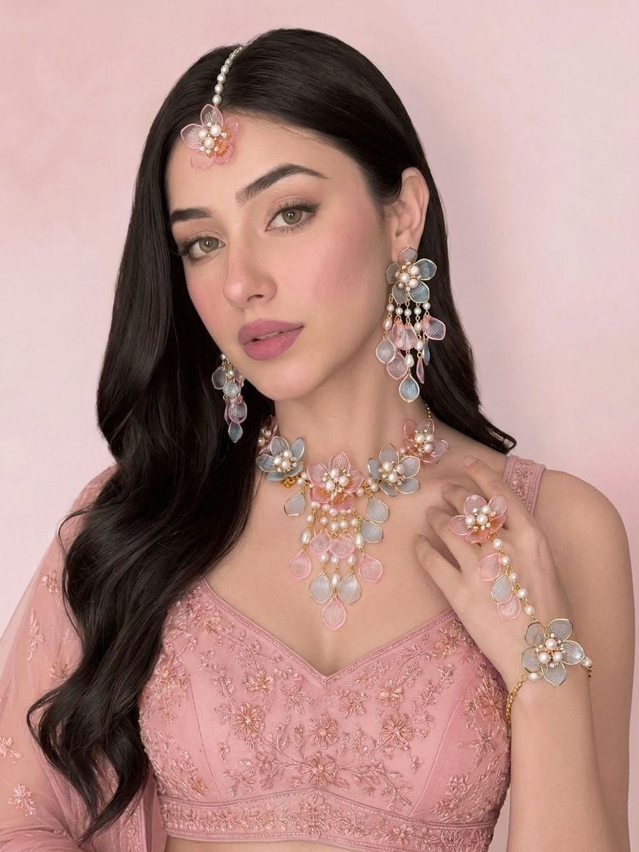 Pastel Pink and Sky Blue Floral Acrylic Haldi Jewellery Set for Bride