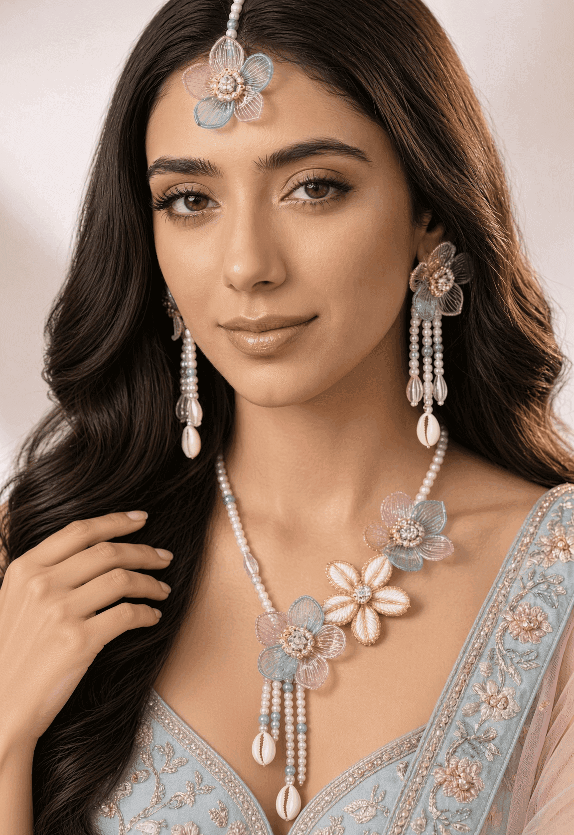 Sky Blue and White Acrylic Haldi Jewellery Set with Shell Pearls