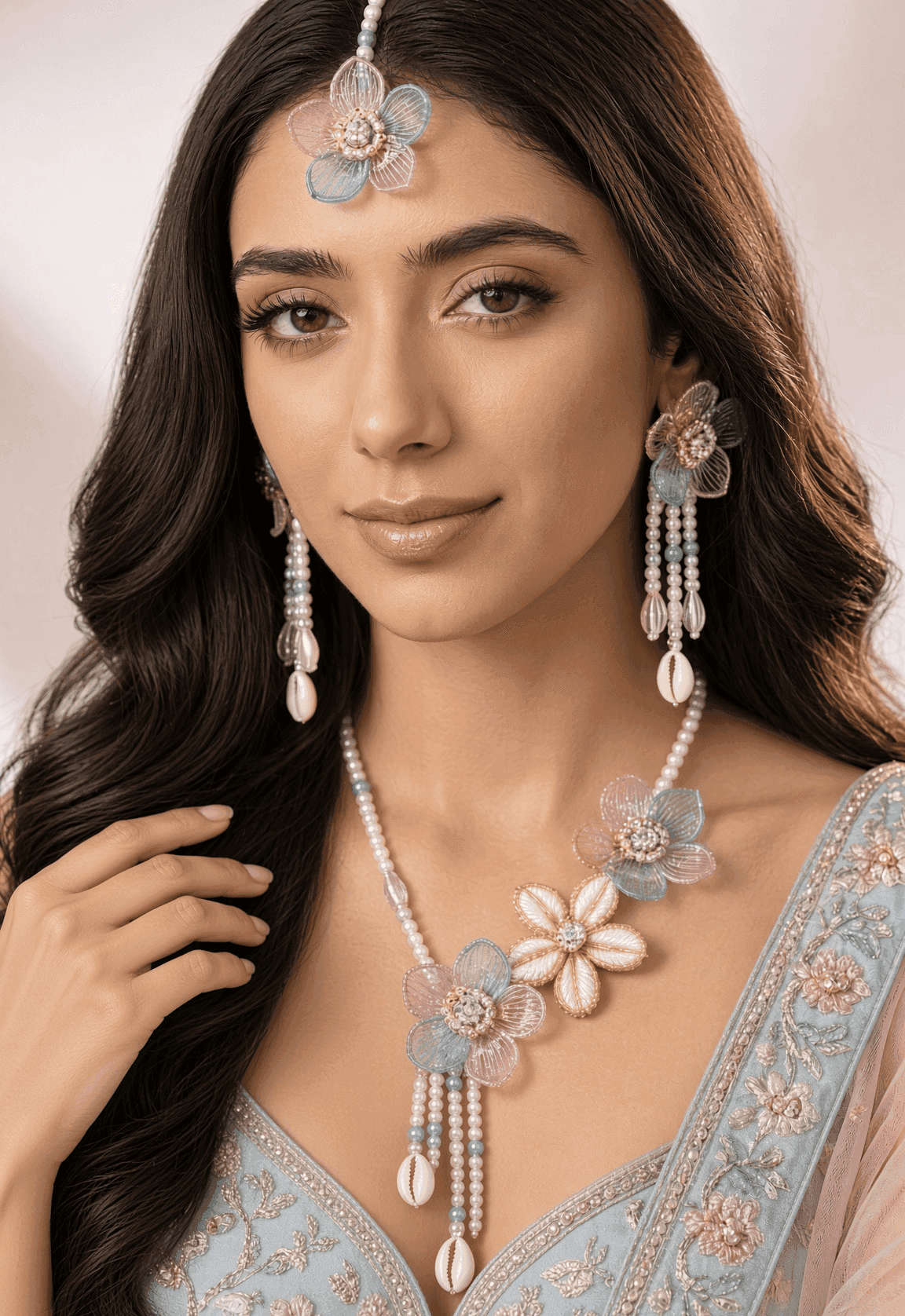 Sky Blue and White Acrylic Haldi Jewellery Set with Shell Pearls