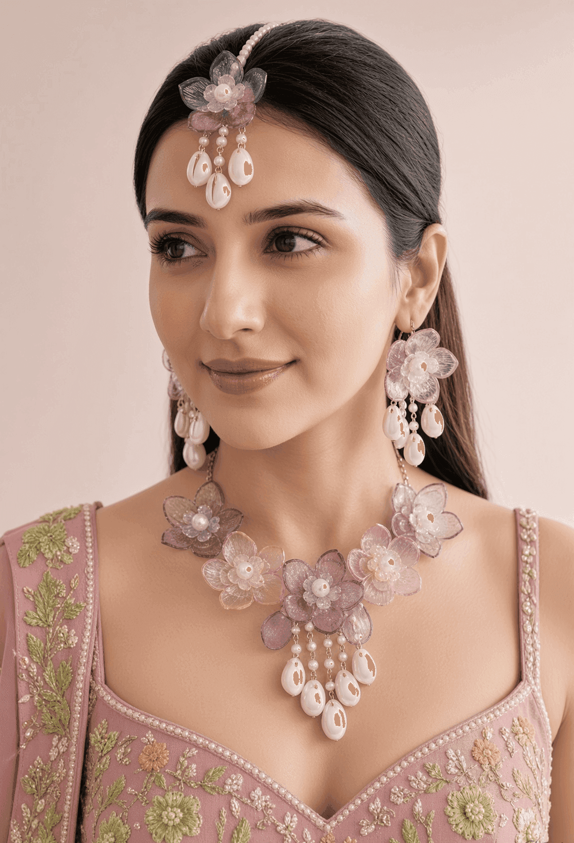 Lavender Purple and Baby Pink Floral Acrylic Haldi Jewellery Set for Bride