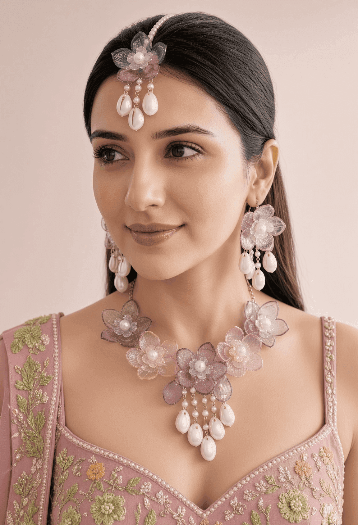 Lavender Purple and Baby Pink Floral Acrylic Haldi Jewellery Set for Bride