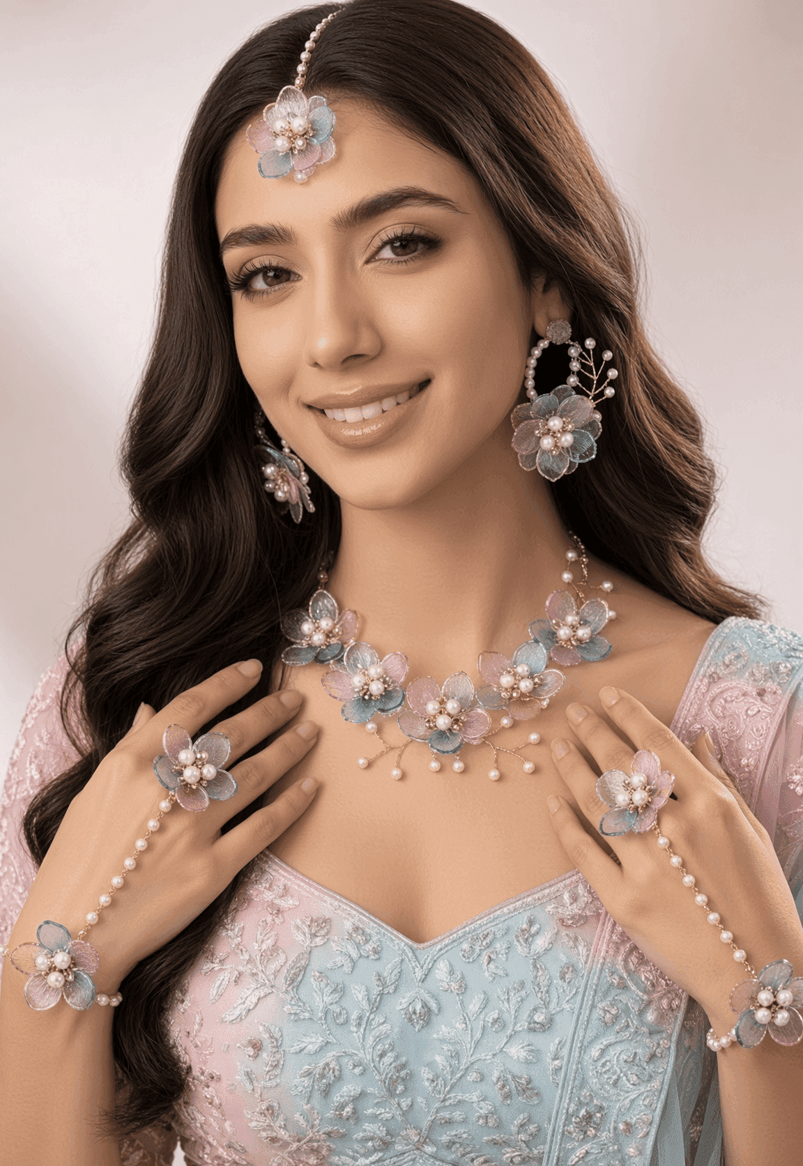 Pastel Pink and Blue Acrylic Haldi Jewellery Set for Bride