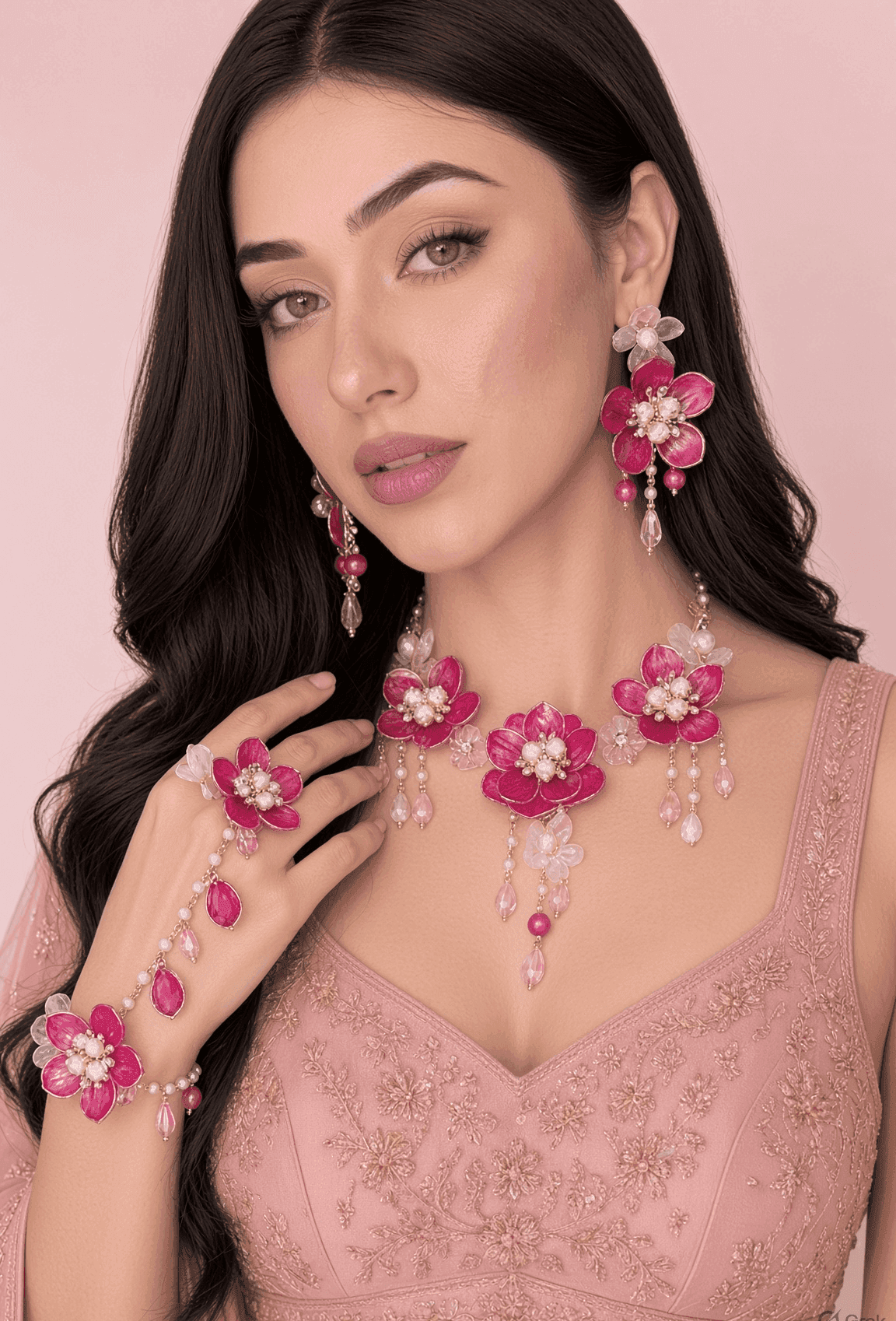 Rani Pink Floral Acrylic Haldi Jewellery Set for Bride