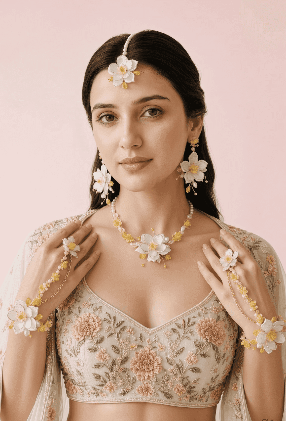 White and Yellow Floral Acrylic Haldi Jewellery Set for Bride