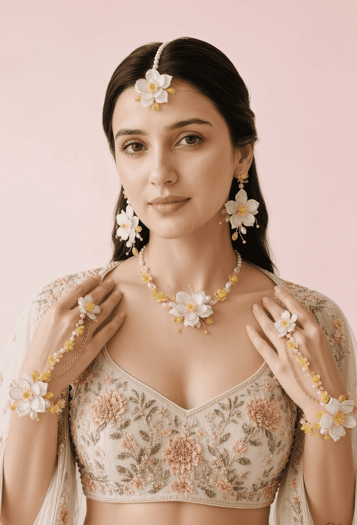 White and Yellow Floral Acrylic Haldi Jewellery Set for Bride