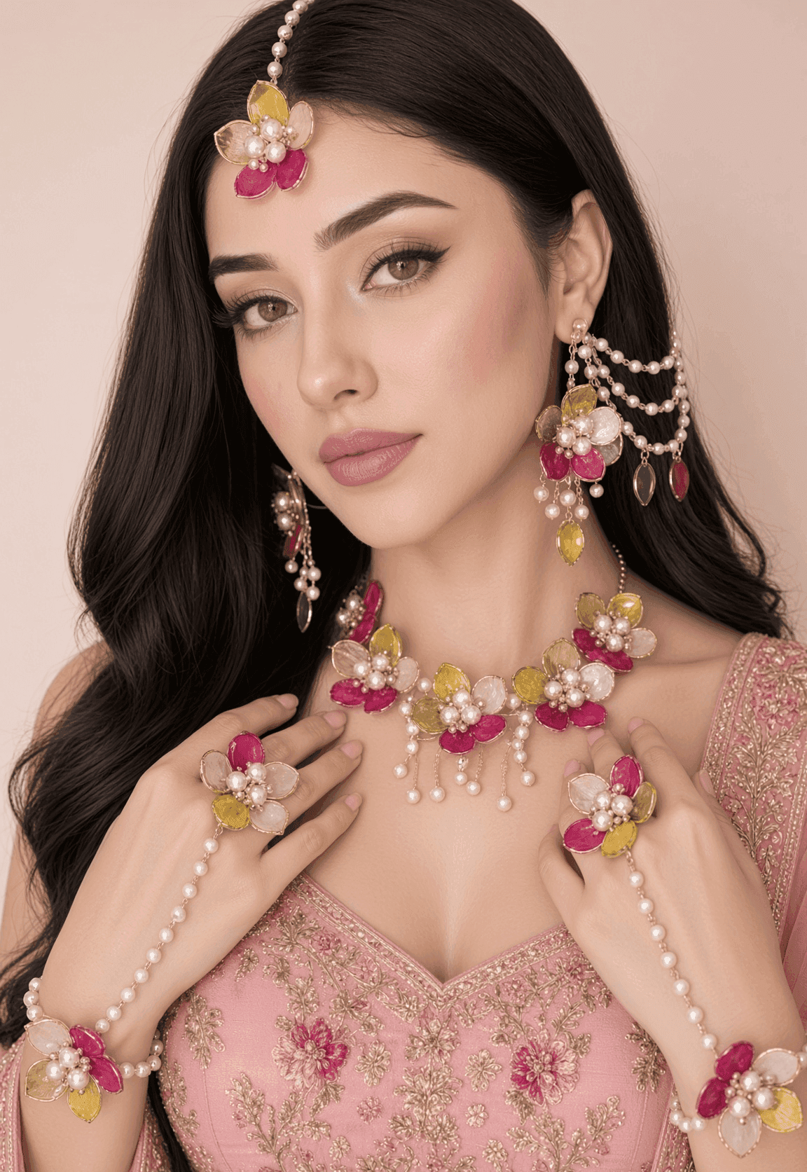 Rani Pink and Yellow Acrylic Haldi Jewellery Set for Bride