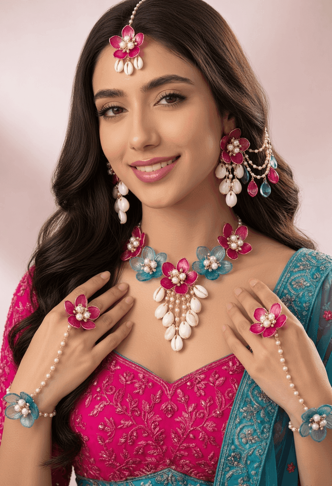 Rani Pink and Sky Blue Floral Acrylic Haldi Jewellery Set for Bride