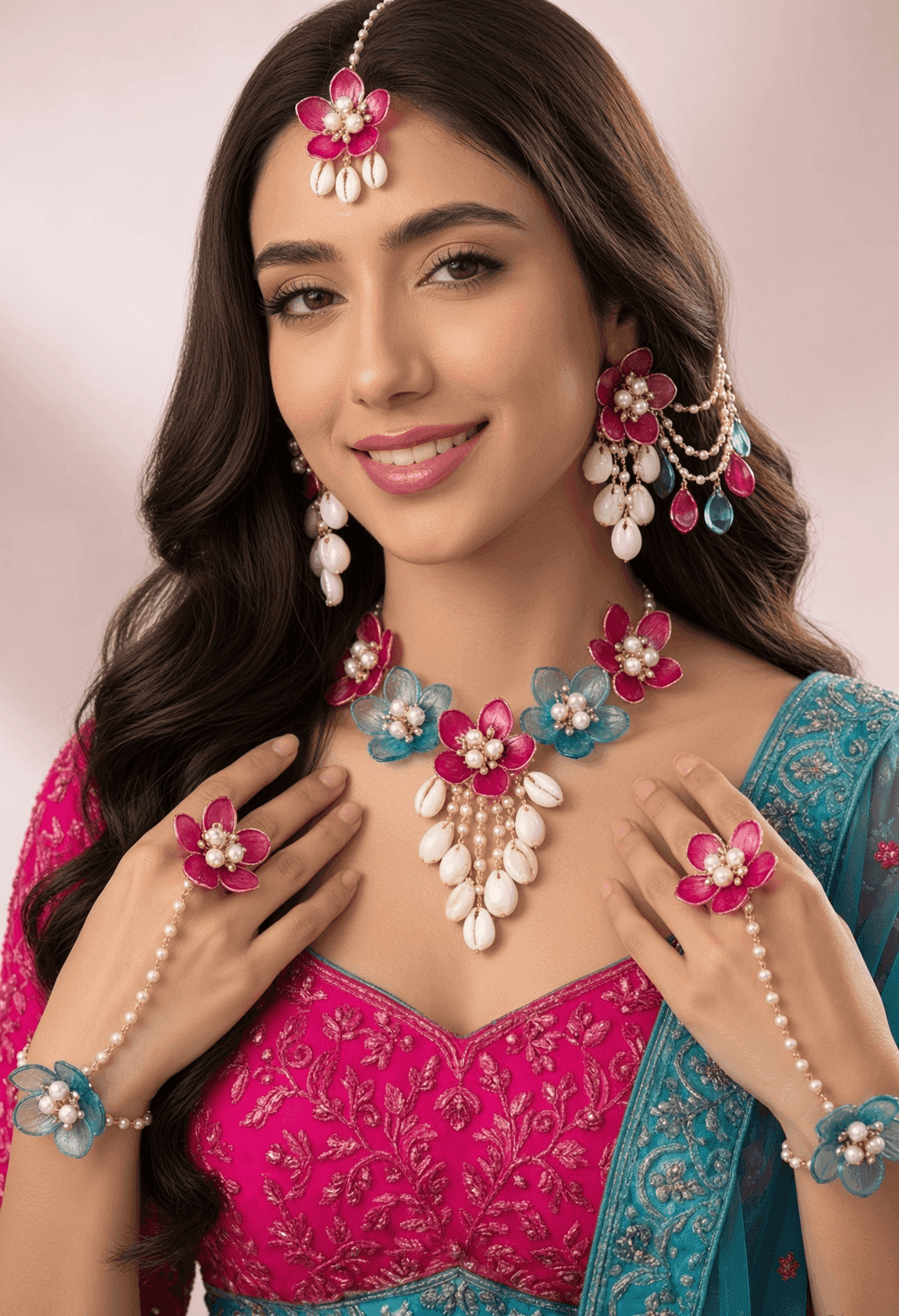 Rani Pink and Sky Blue Floral Acrylic Haldi Jewellery Set for Bride