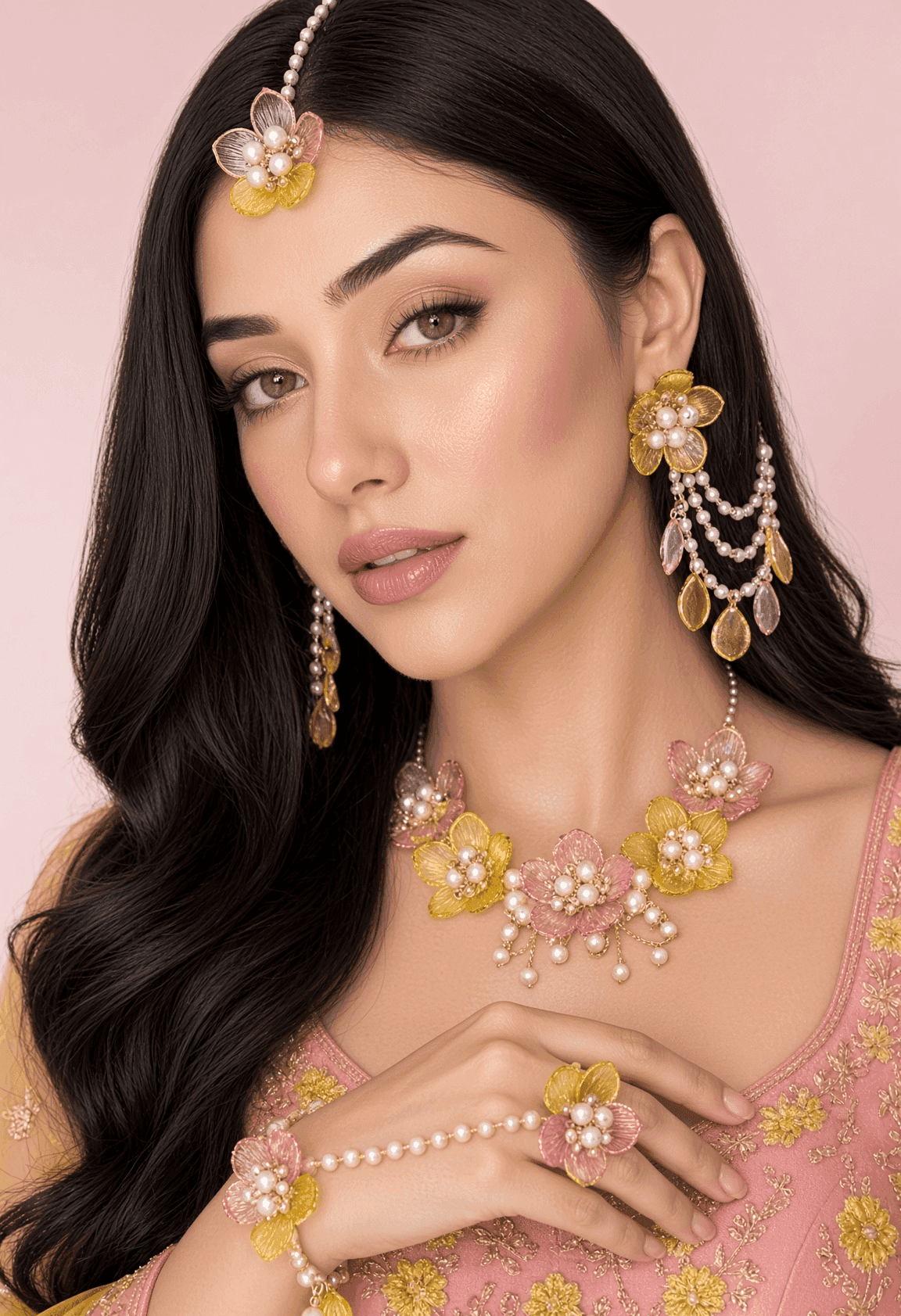 Pink and Yellow Floral Acrylic Haldi Jewellery Set for Bride