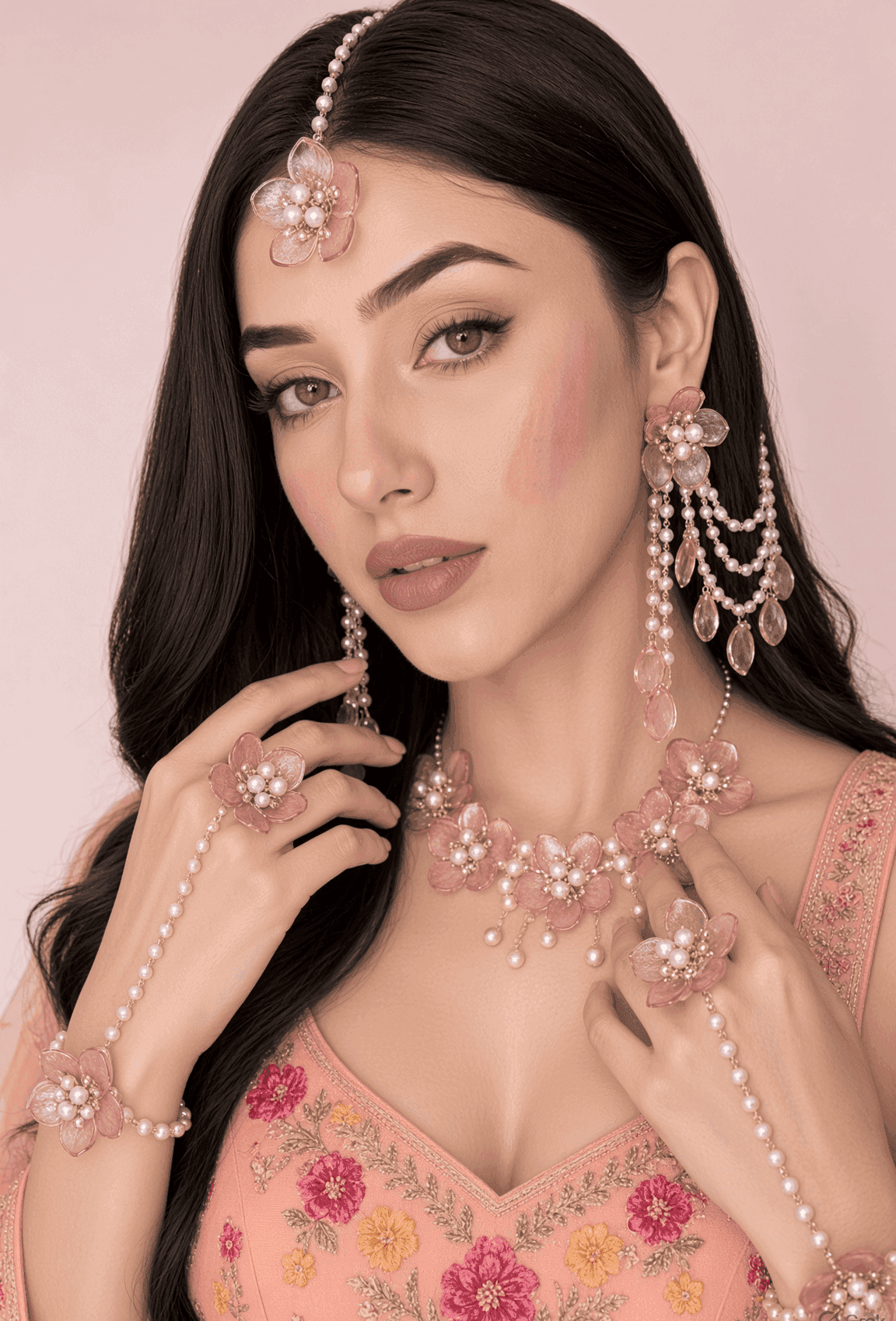 Baby Pink Floral Acrylic Haldi Jewellery Set for Bride