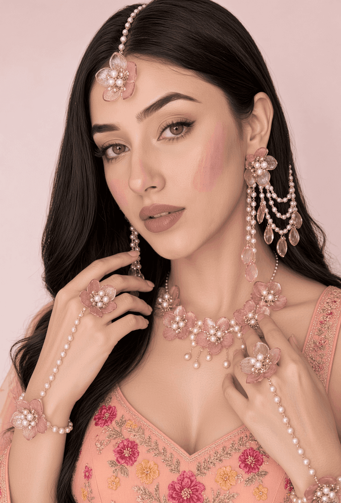 Baby Pink Floral Acrylic Haldi Jewellery Set for Bride
