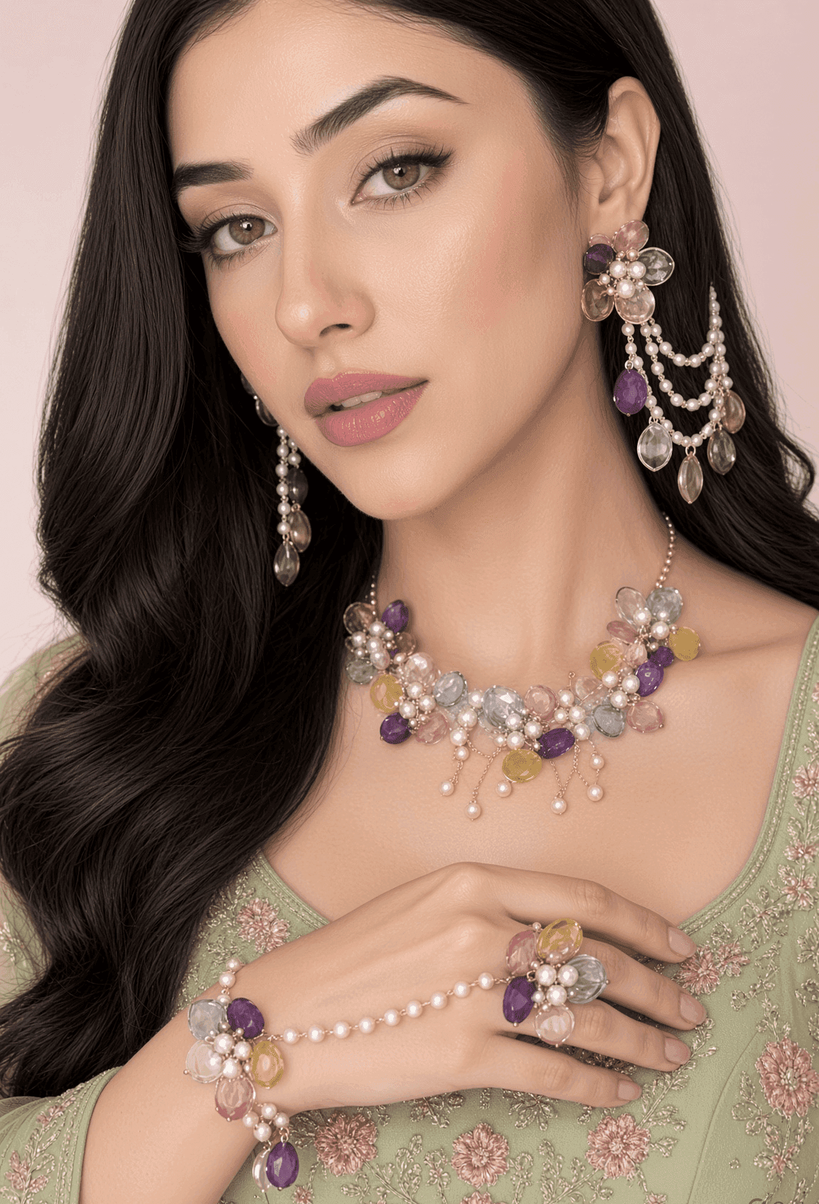 Multicolour Floral Acrylic Haldi Jewellery Set for Bride
