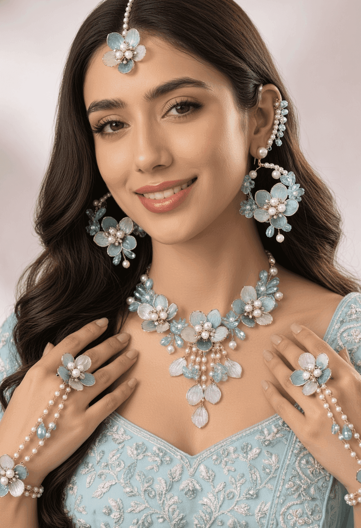 Aqua Blue and White Floral Acrylic Haldi Jewellery Set for Bride