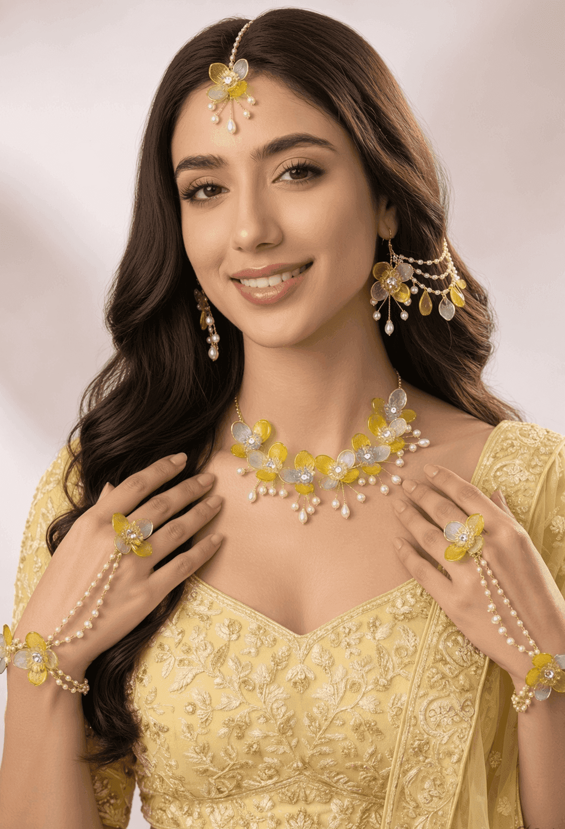 Yellow & Sky Blue Floral Acrylic Haldi Jewellery Set for Bride