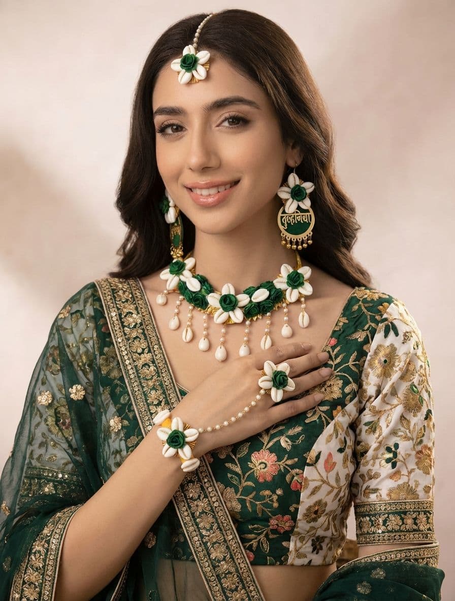 Bespoke Beaded Pearl Haldi Adornments in Verdant Floral Designs