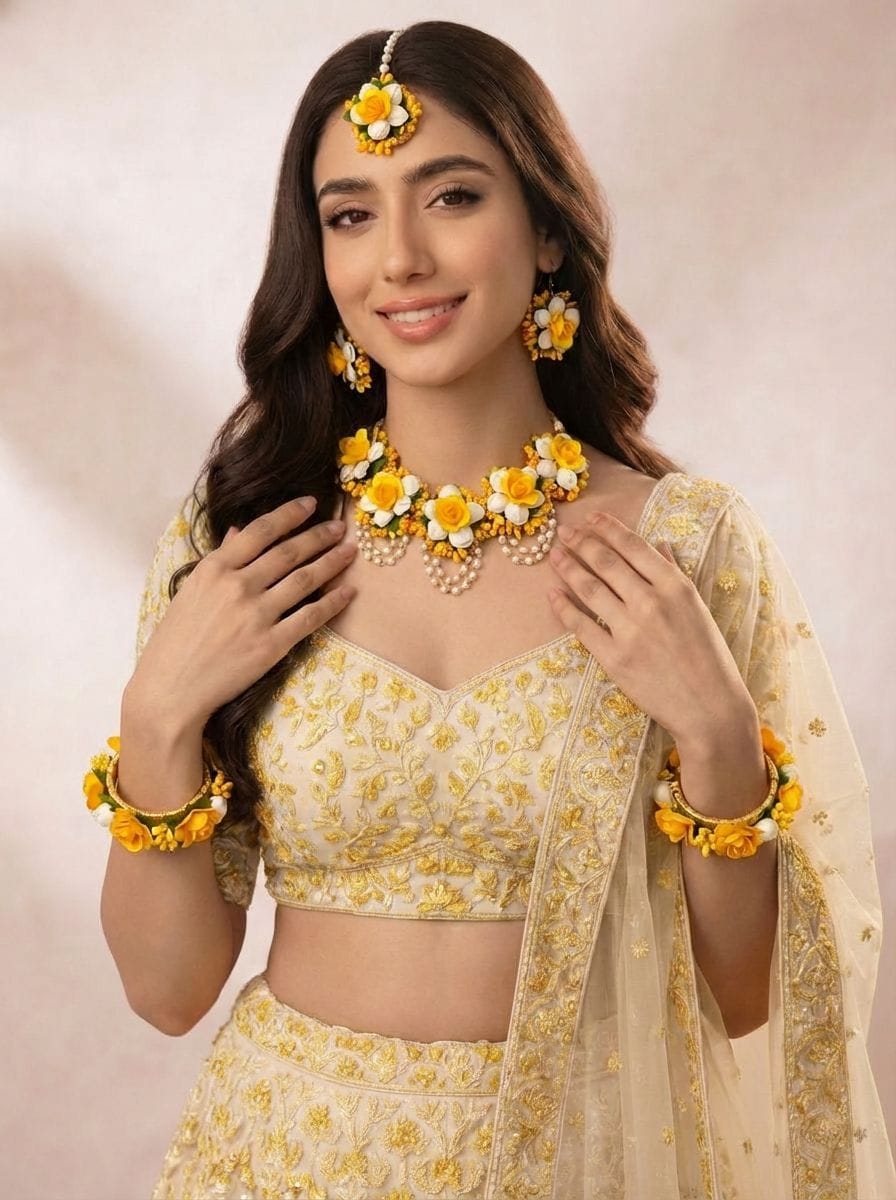 Marigold Yellow and White Rose Haldi Jewellery Set with Pearl Loops