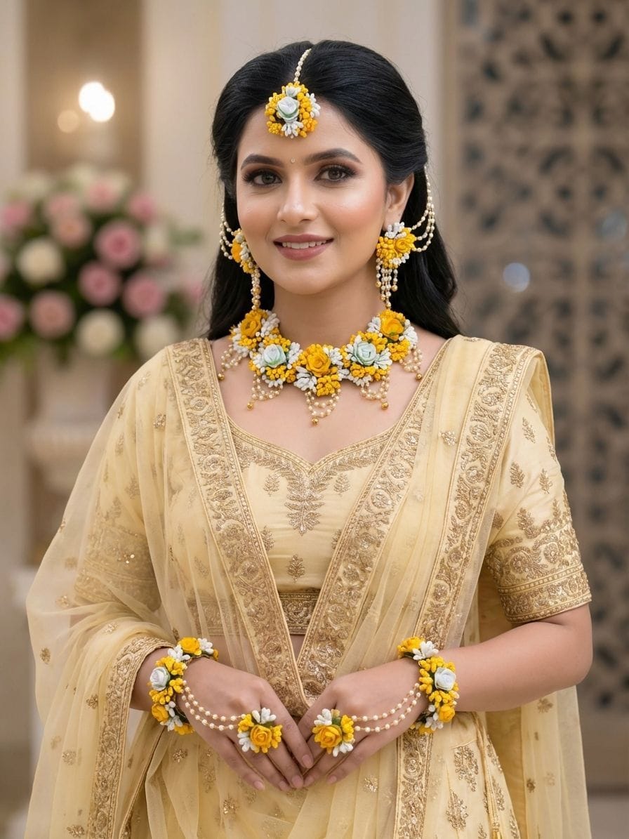 Mustard Yellow and Ice Blue Rose Floral Haldi Jewellery Set with Pearl Tassels