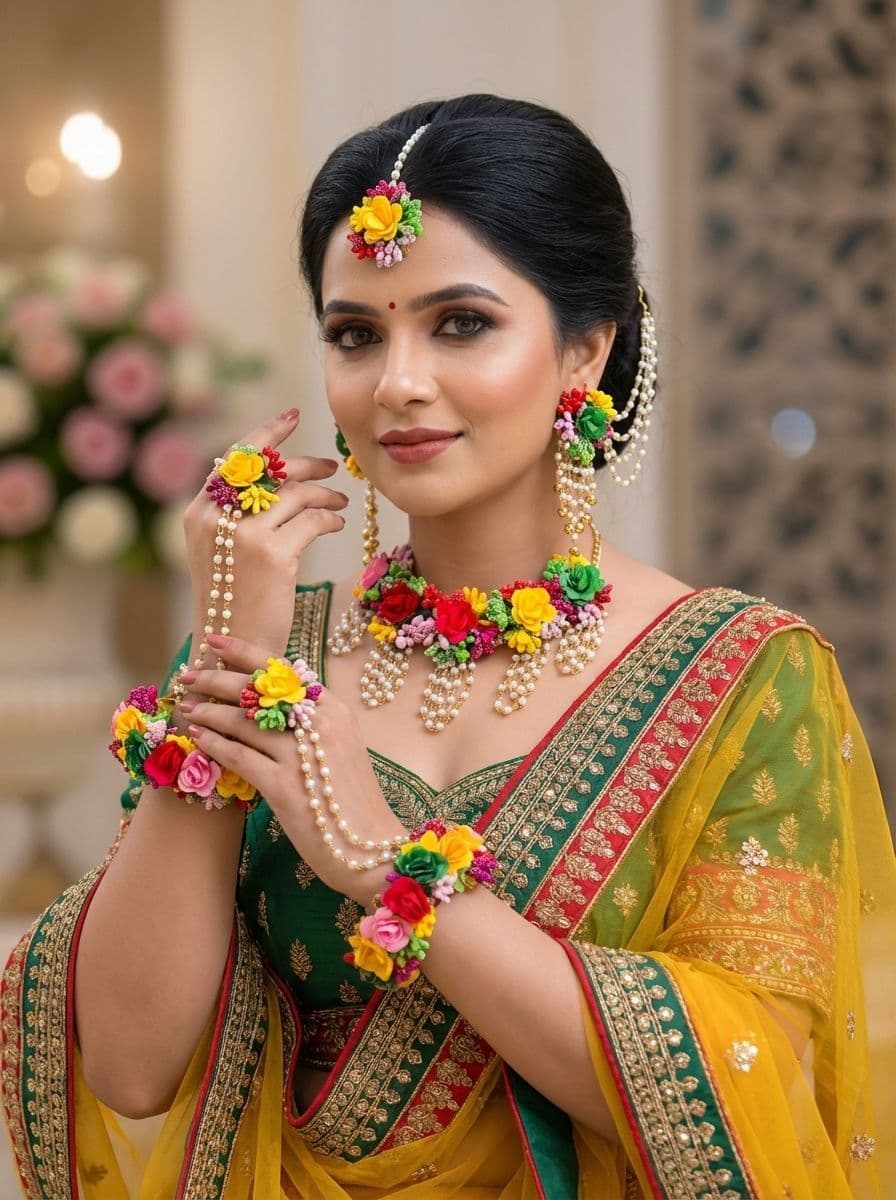 Multicolor Rose Floral Haldi Jewellery Set with Pearls