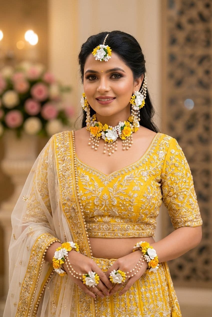 Yellow and White Floral Haldi Jewellery Set with Pearl Drops