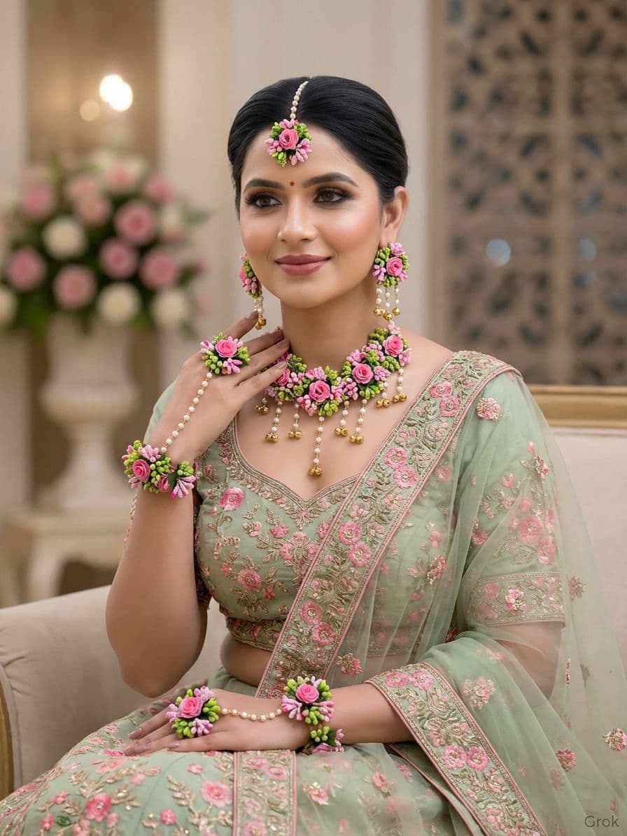Pink Rose Floral Haldi Jewellery Set with Pearl and Golden Bell Drops