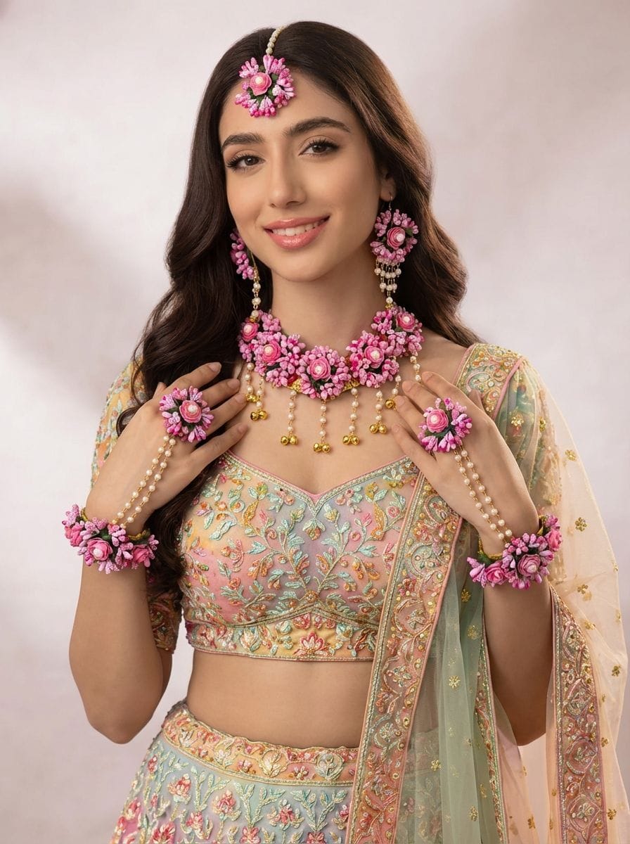Blush Pink Rose Floral Jewellery Set with Pearl Latkan