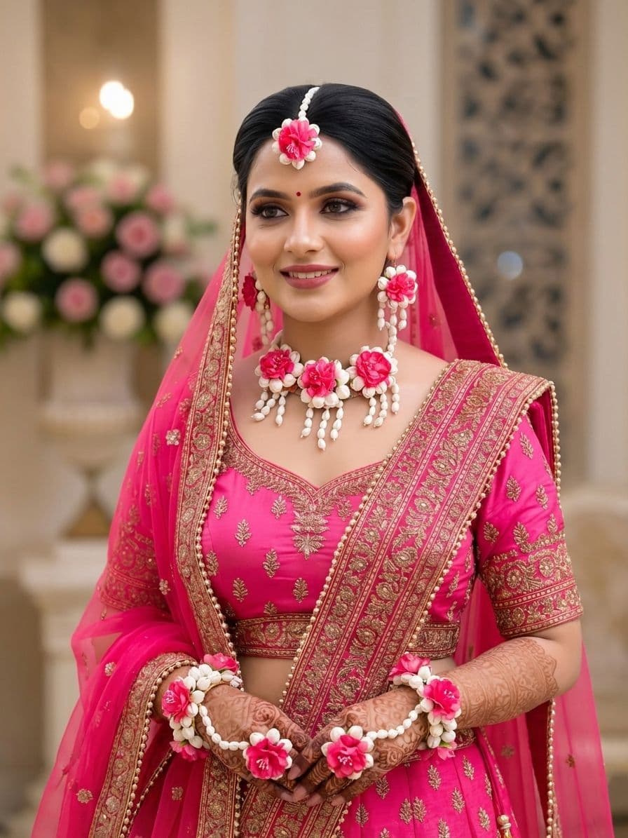 Rani Pink and White Floral Haldi Jewellery Set with Pearl Drops
