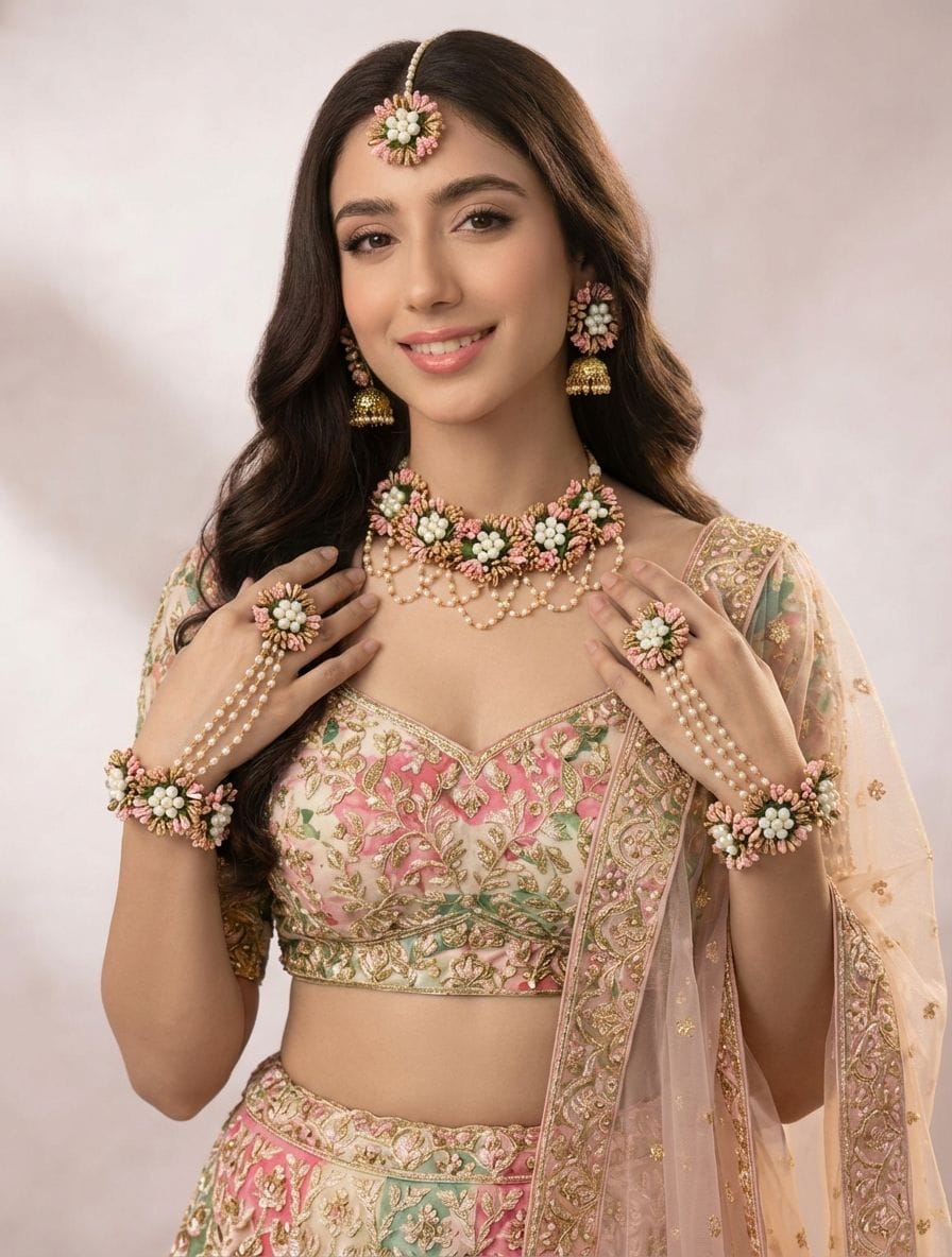 Pastel Pink and Mint Green Floral Haldi Jewellery Set with Golden Jhumkas