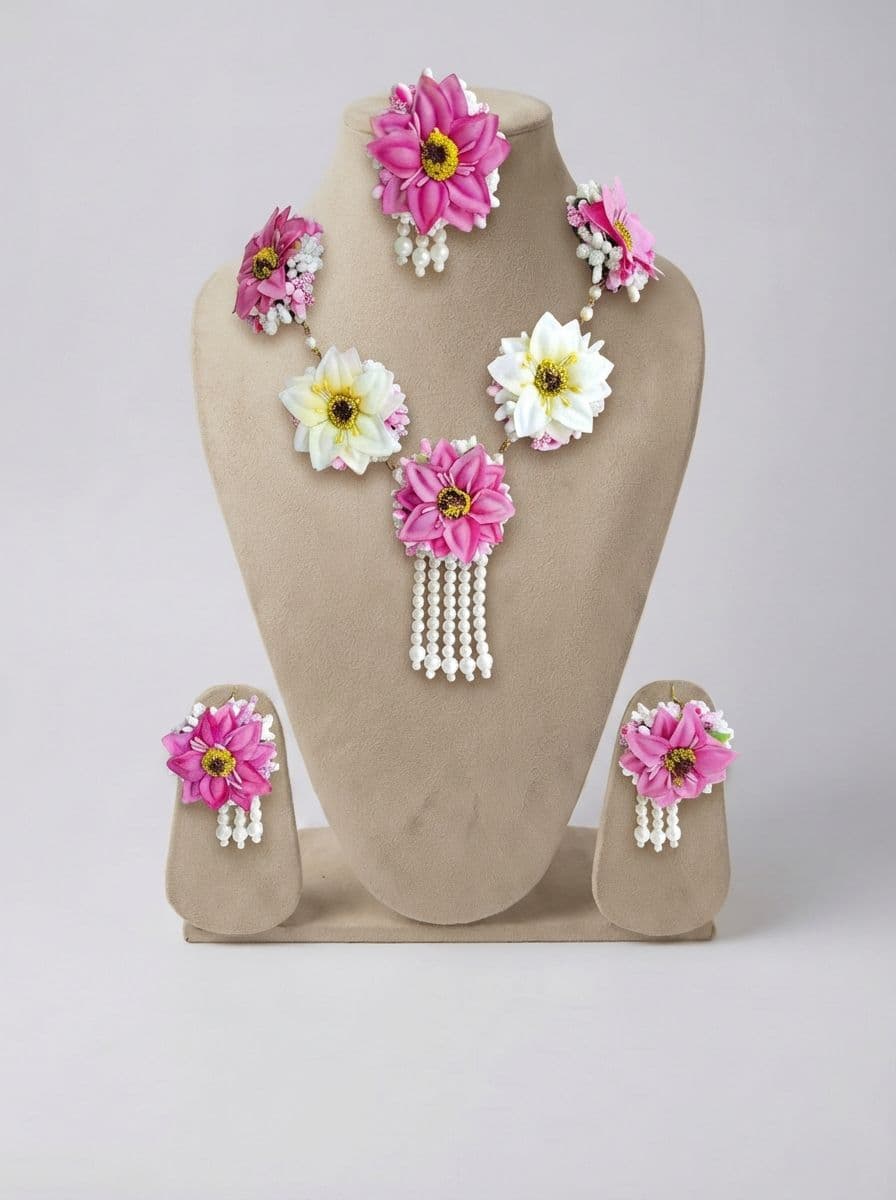 Pink and White Gerbera Daisy Haldi Jewellery Set with Pearl Tassels