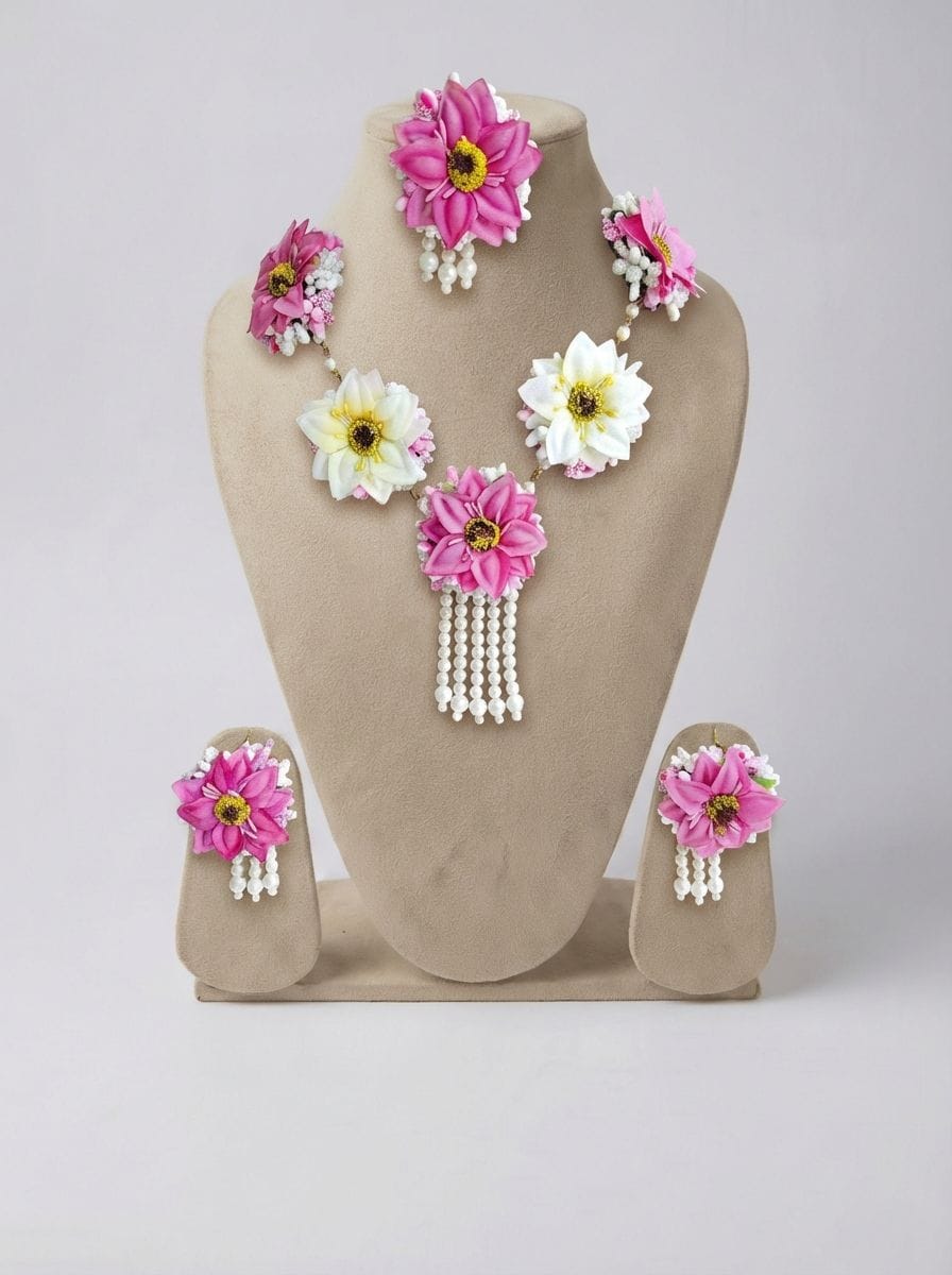 Pink and White Gerbera Daisy Haldi Jewellery Set with Pearl Tassels