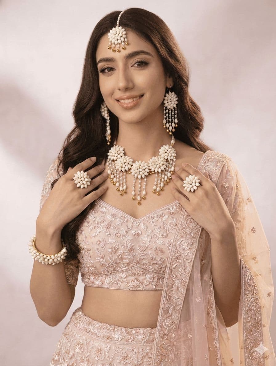 Ivory White Cluster Flower Haldi Jewellery Set with Golden Bead Tassels