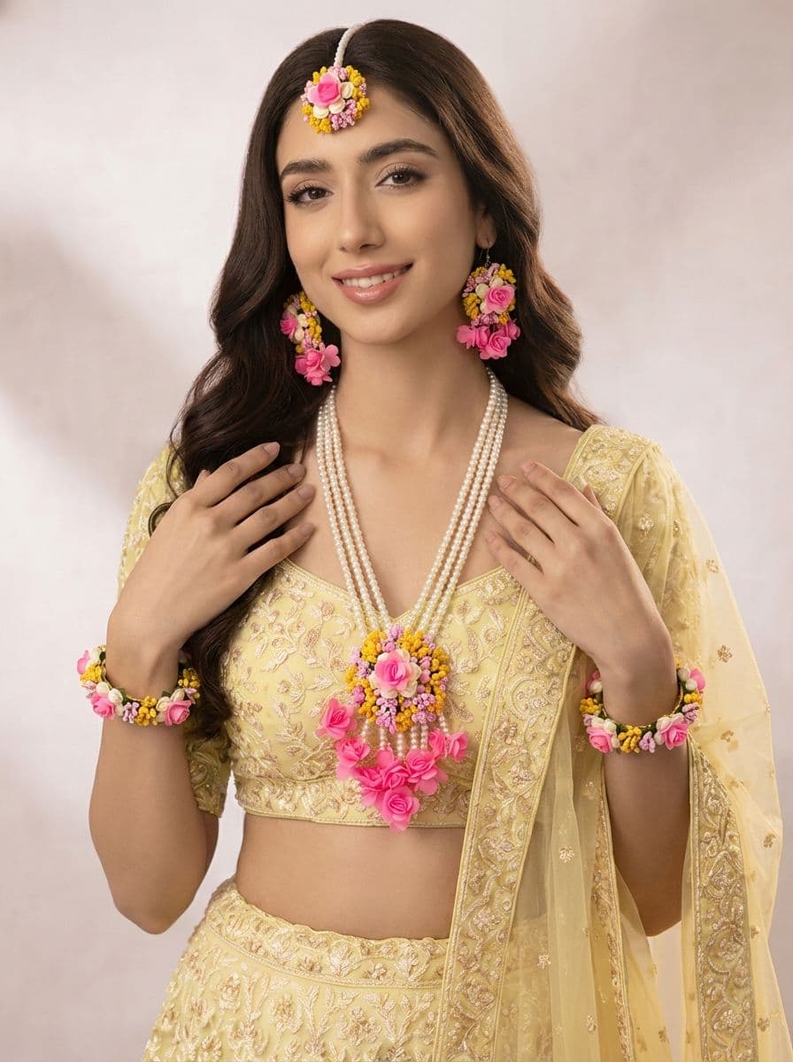 Sunshine Yellow and Pink Rose Haldi Jewellery Set with Floral Tassels