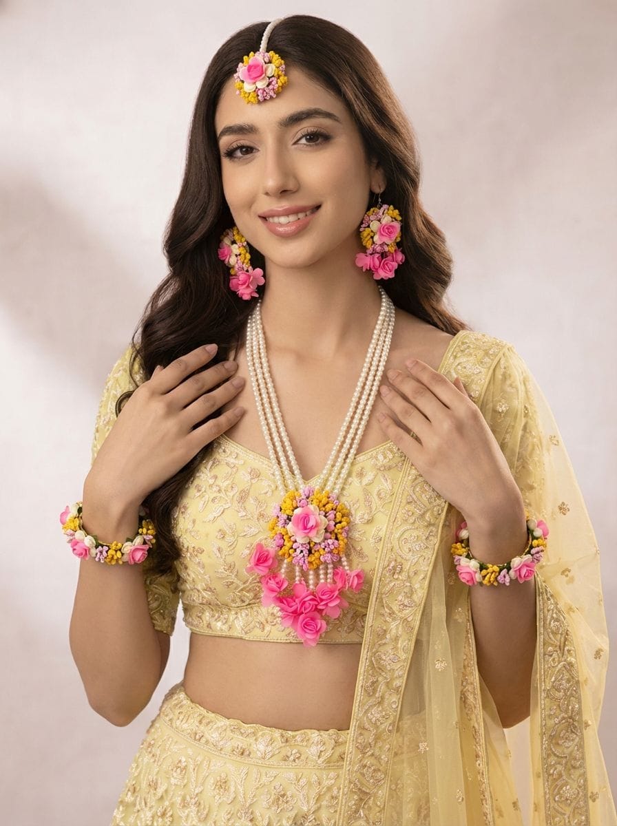 Sunshine Yellow and Pink Rose Haldi Jewellery Set with Floral Tassels