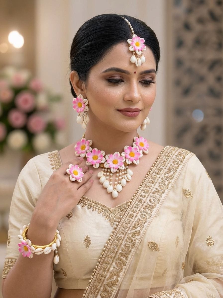 Blush Pink Daisy Floral Jewellery Set with Shell Drop Necklace
