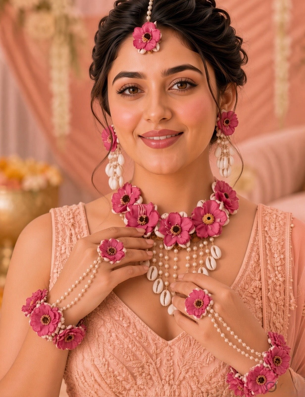 Rani Pink Floral Sea Shell Haldi Jewellery Set with Hanging Shell Tassels