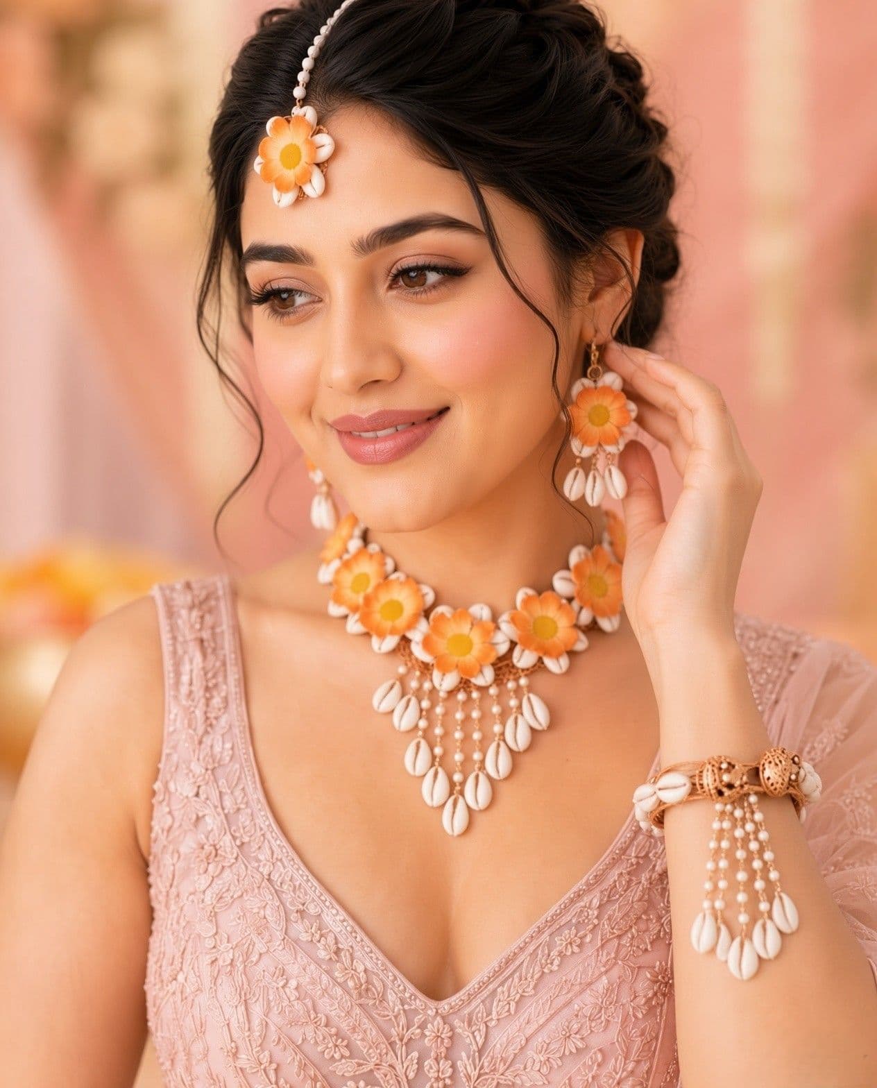 Orange Daisy Floral Haldi Jewellery Set with White Cowrie Shells
