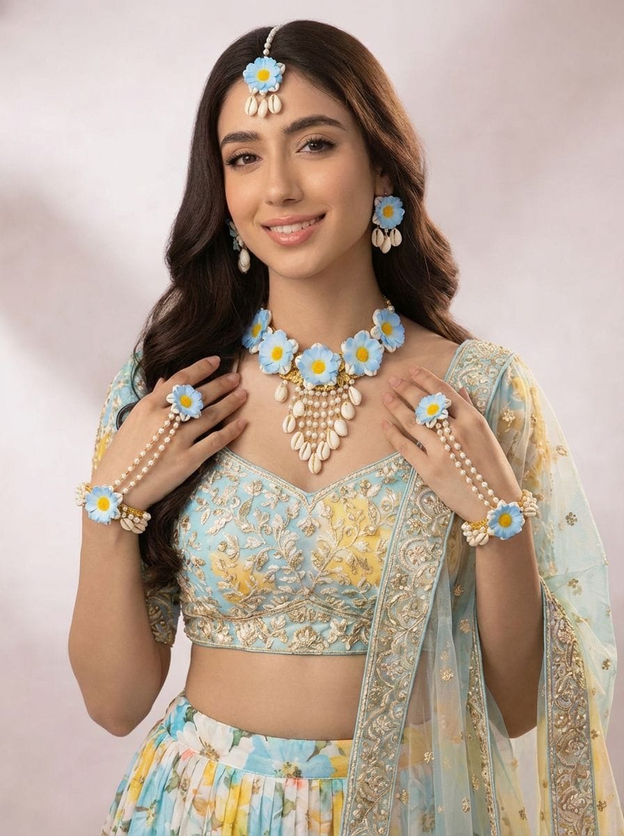 Sky Blue Daisy Floral Haldi Jewellery Set with Cowrie Shell Drops